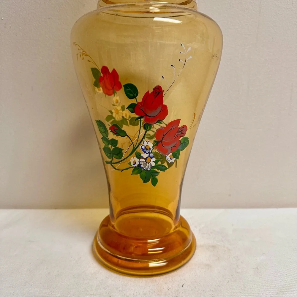 Vintage Italian Amber Glass Vase with Red Rose Floral Design and Gold Trim 17”H